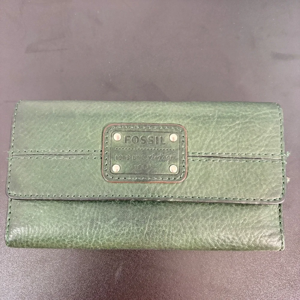 Fossil Womens Trifold Wallet OS Green Leather Long Live Vintage‎ SL2996 Classic